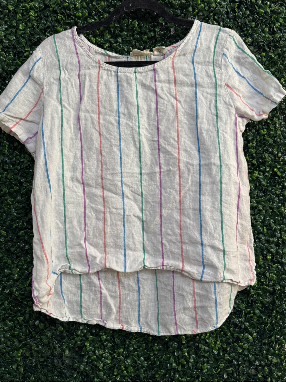 White Rainbow Stripe Short Sleeve hi low linen Top